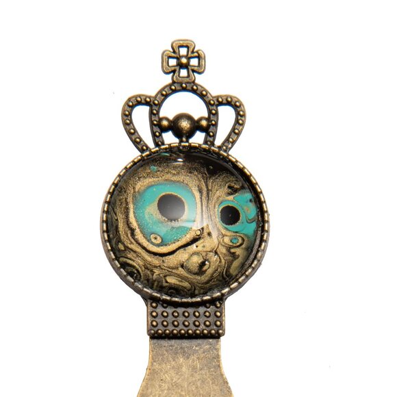 Vintage Brass Crown Bookmark with Peacock Feather Design - Picture 1 of 2